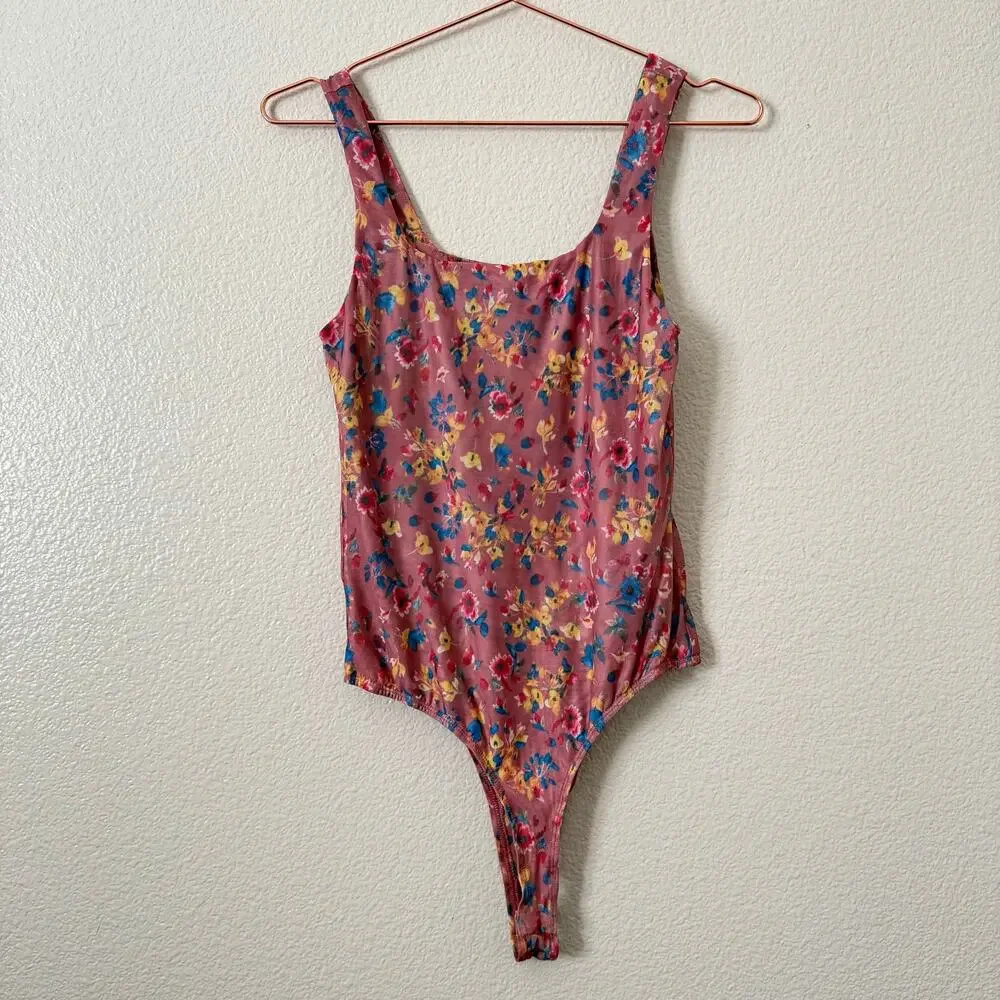 Lulus Love in the Garden Mauve Floral Print Mesh Bodysuit pink yellow blue